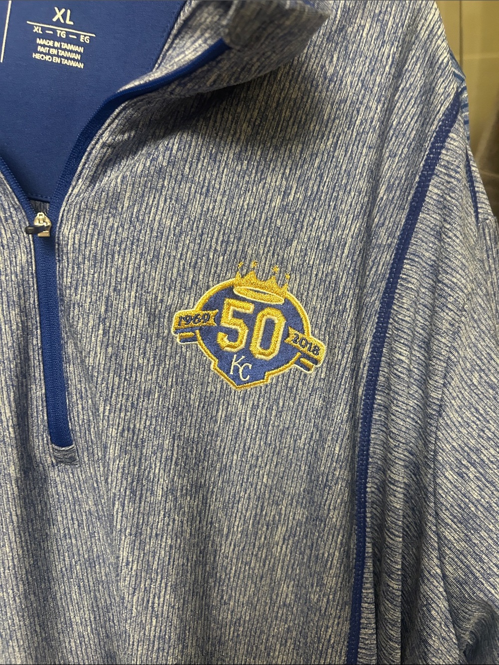 Antigua Men's Heather Blue 1/4 Zip with Gold KC 50th Emblem Brand New